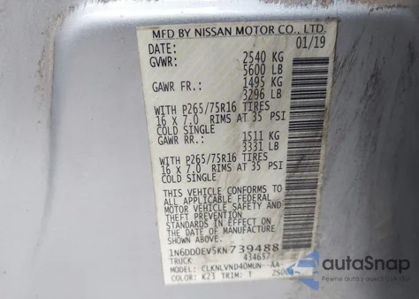 2019 Nissan Frontier Pro-4X z USA, uszkodzony, nr VIN 1N6DD0EV5KN739488